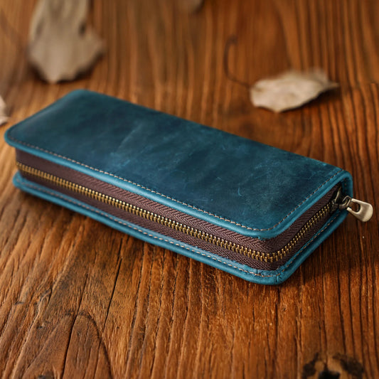 Genuine Leather Multi Functional Pencil Case With Pen Holder Zipper