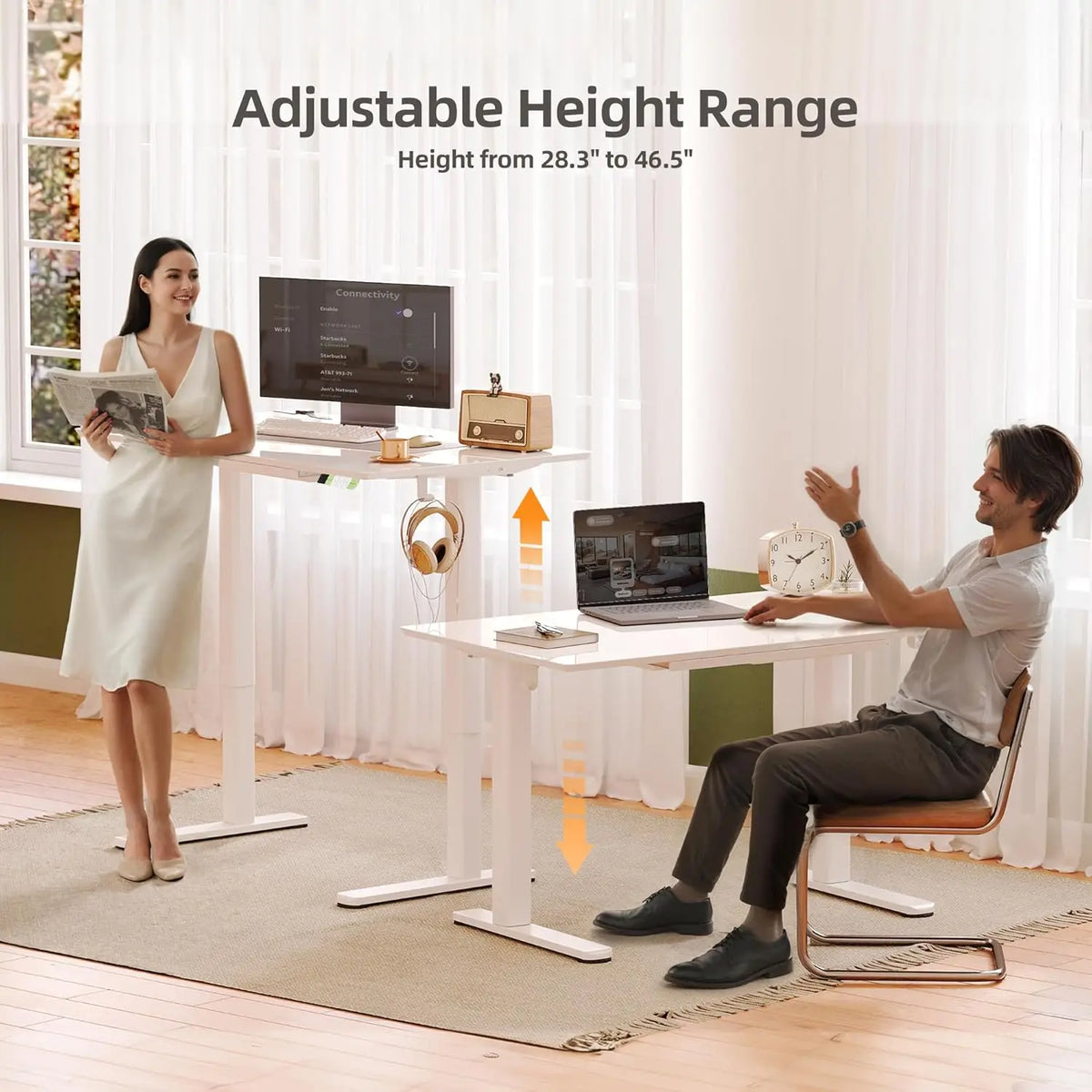 White Glass Standing Desk With Drawers Adjustable Sit Stand