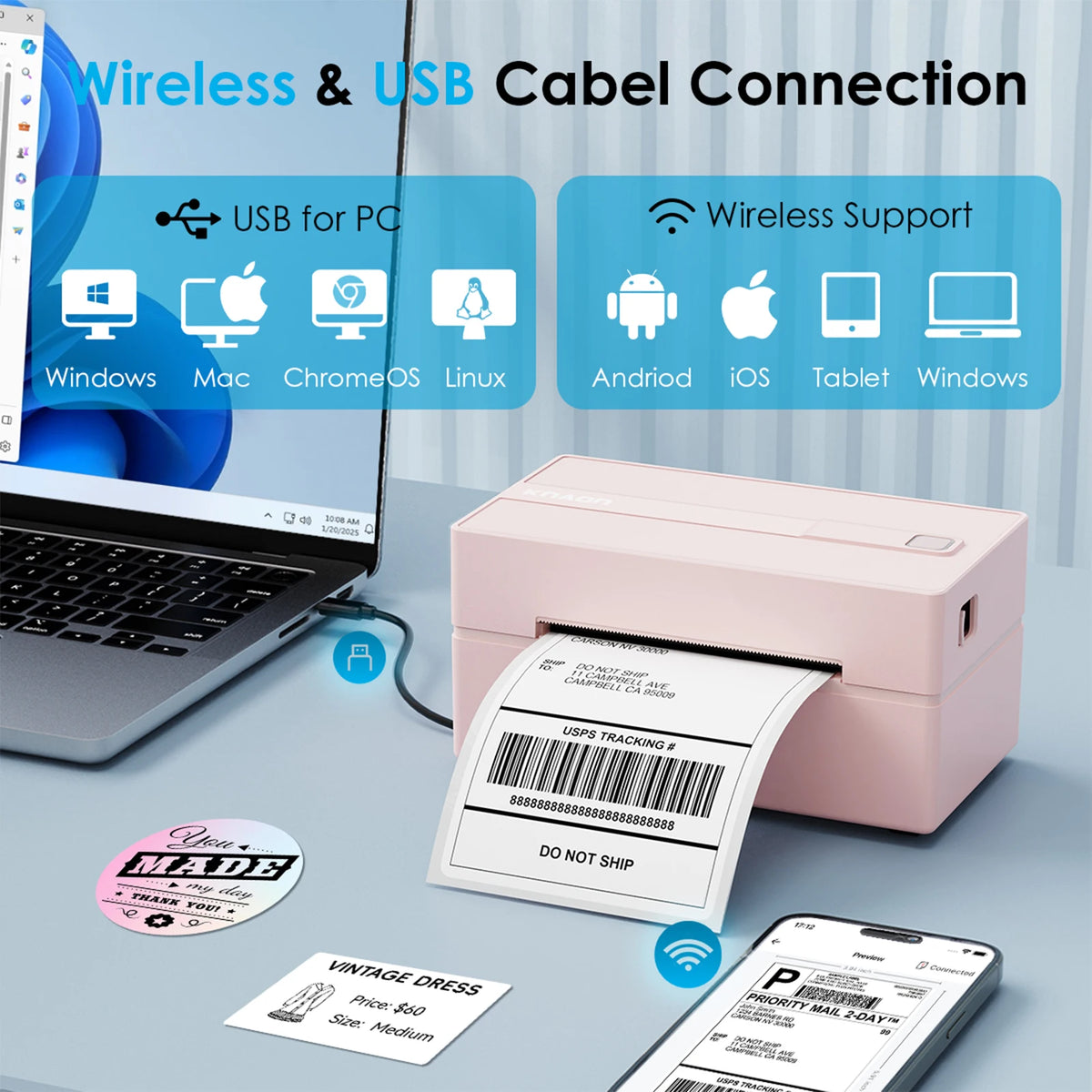 Knaon Thermal Label Printer For Shipping Labels Android iOS Windows