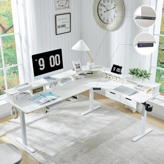 L Shaped Electric Standing Desk Height Adjustable With Drawers And Keyboard Tray