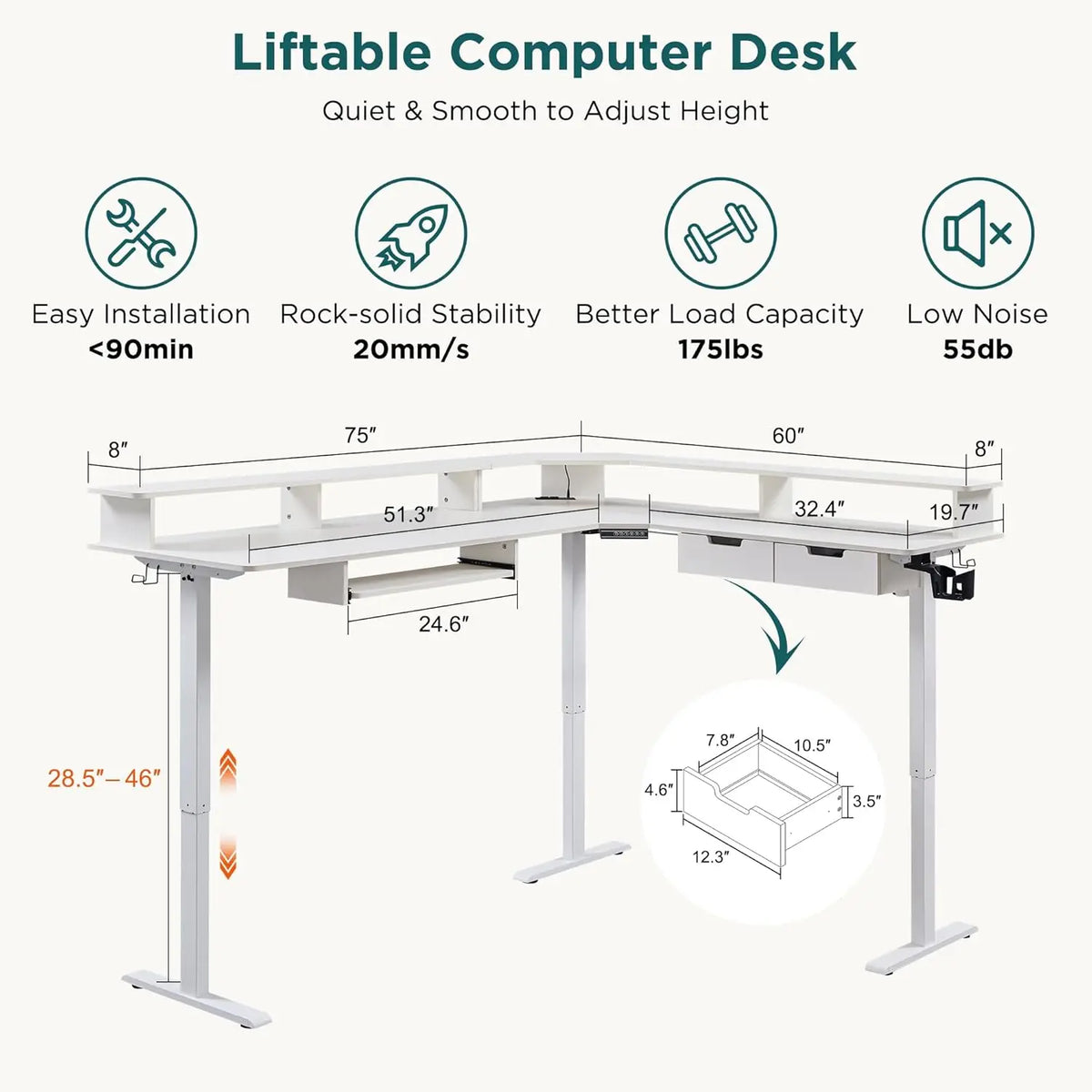 L Shaped Electric Standing Desk Height Adjustable With Drawers And Keyboard Tray