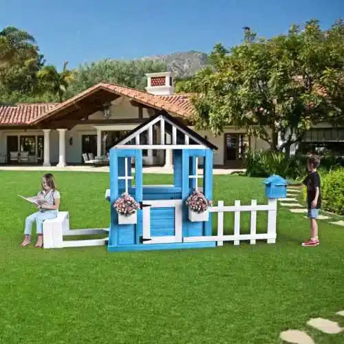 Outdoor Wooden Kids Playhouse With Picnic Bench And Flowerpot Holders