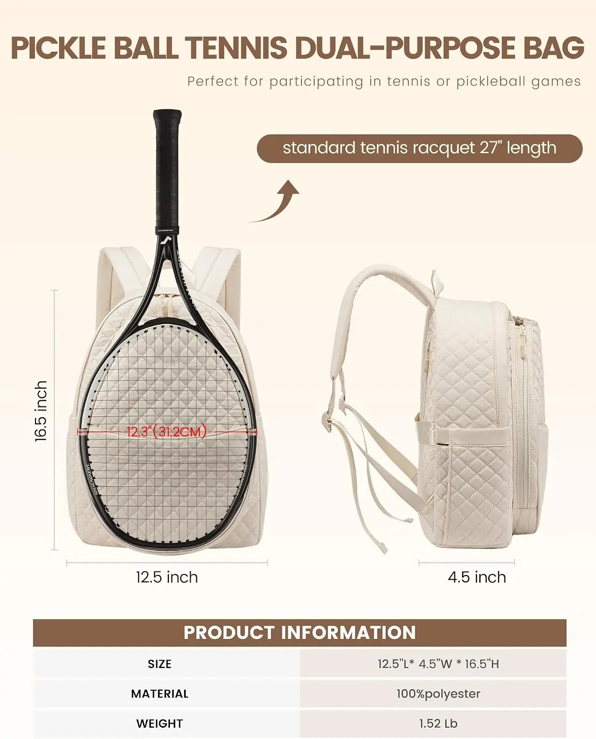 Quilted Tennis Racket Backpack For Women With Separate Compartment