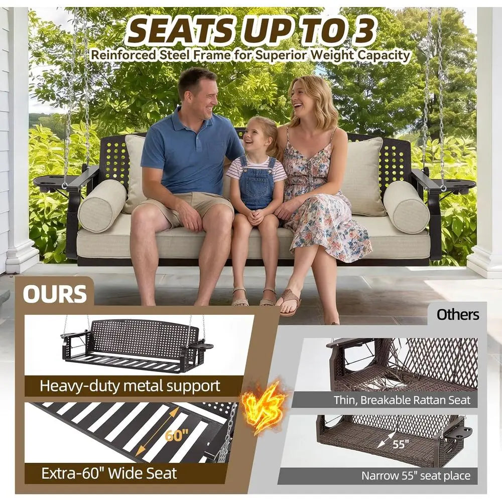 3 Seat Hanging Porch Swing With Cup Holders And Cushions