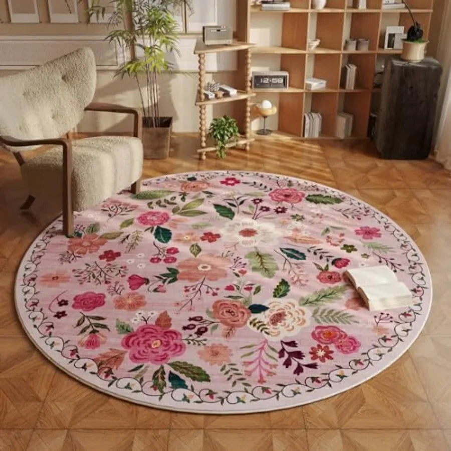 Round Wool Circle Rug Non Slip Low Pile Boho Floral