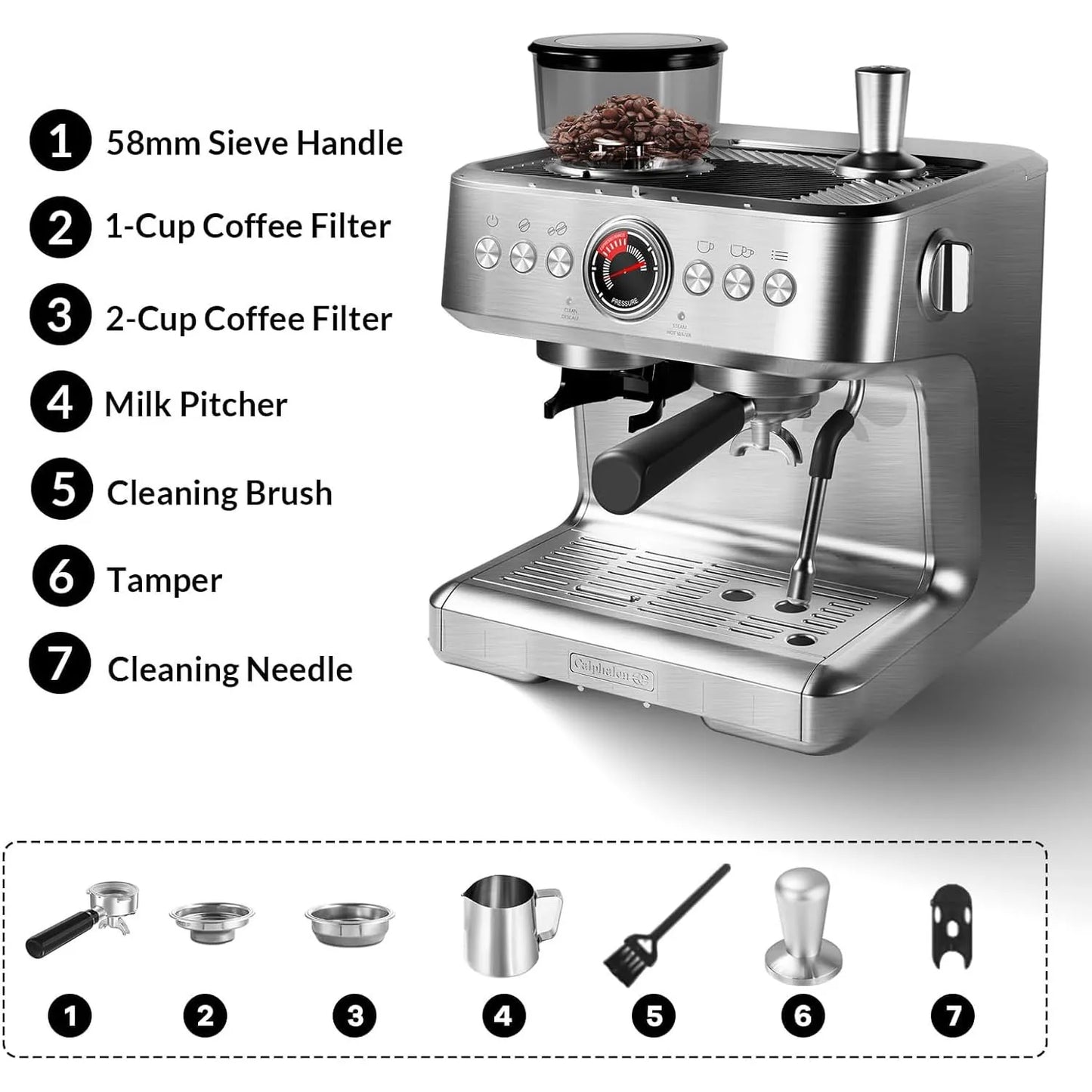 Acekool Espresso Machine With Grinder, 20 Bar, PID Control