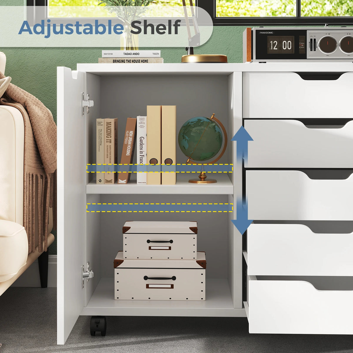 JHK Wood 5-Drawer Rolling File Cabinet With Shelves