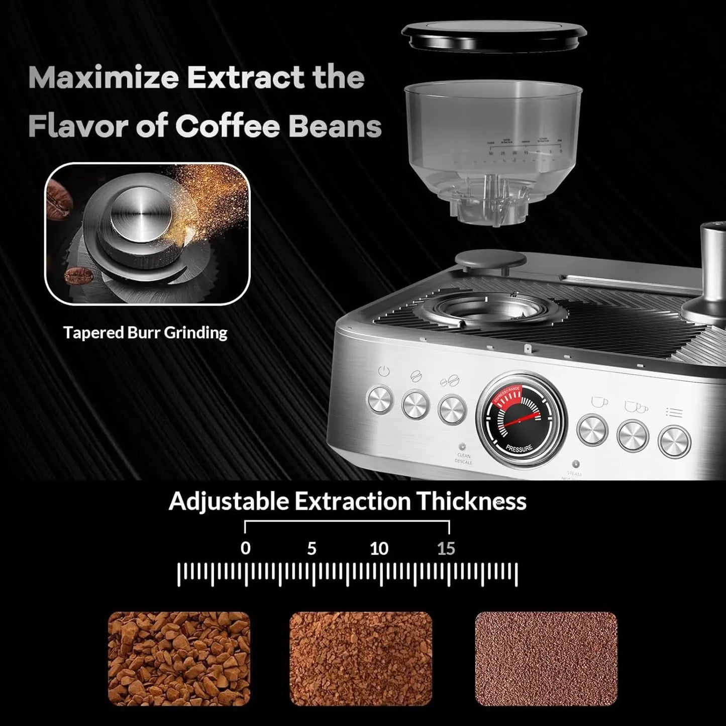 Acekool Espresso Machine With Grinder, 20 Bar, PID Control