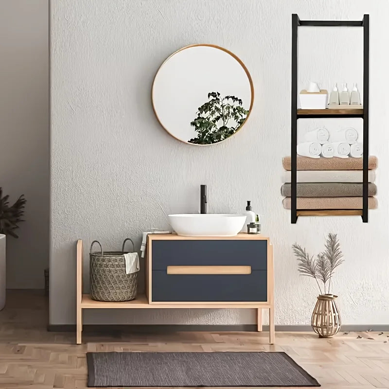 Rustic Wall Mounted Towel Rack With Shelf Carbon Steel