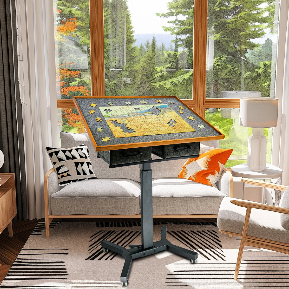 Jigsaw Puzzle Table With Adjustable Tilt, Wheels, Storage Drawers