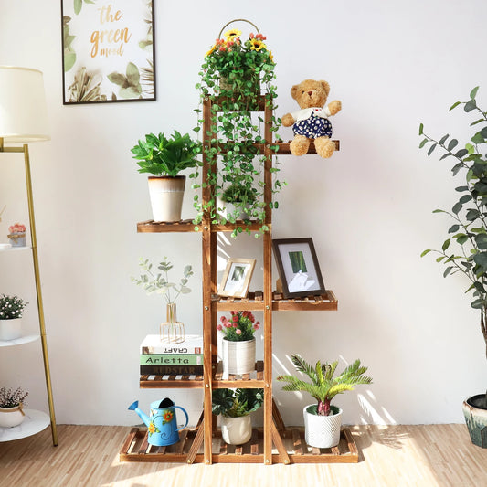 BINGOPAW 6 Tier Wooden Plant Stand Carbonized Wood Flower Display