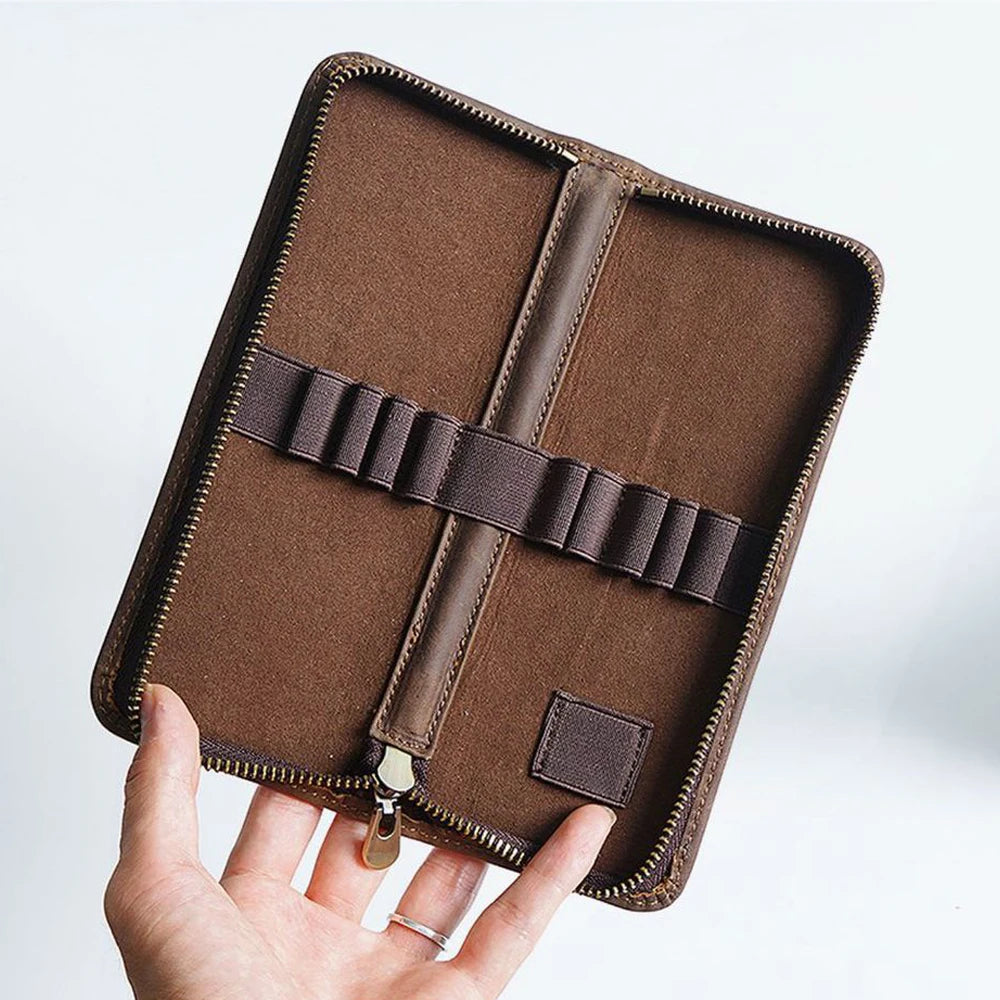 Genuine Leather Multi Functional Pencil Case With Pen Holder Zipper
