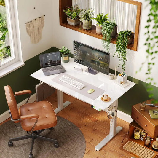 White Glass Standing Desk With Drawers Adjustable Sit Stand