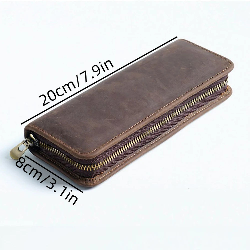 Genuine Leather Multi Functional Pencil Case With Pen Holder Zipper