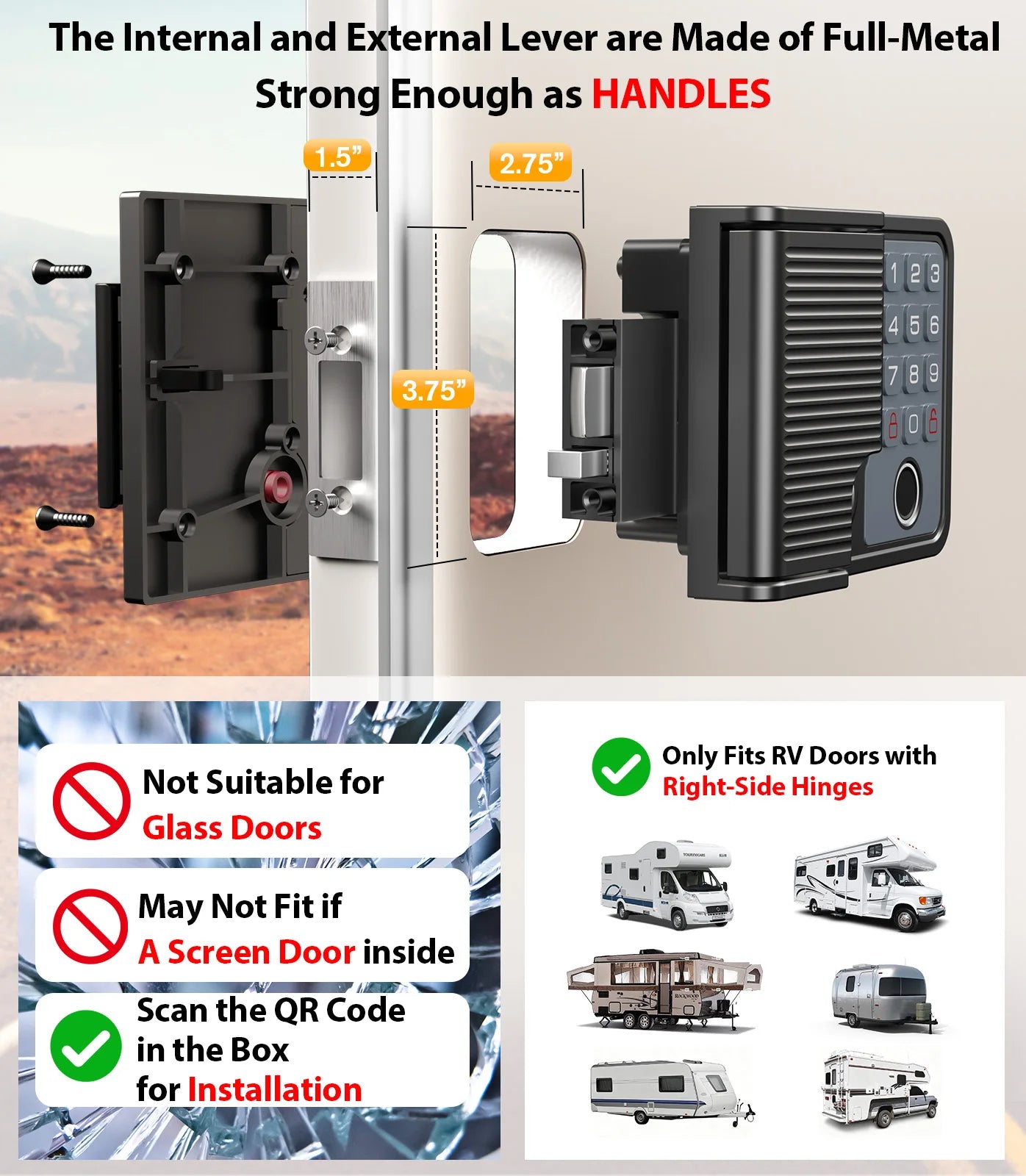 Smart RV Door Lock Keyless Entry Weatherproof With Fingerprint Keypad