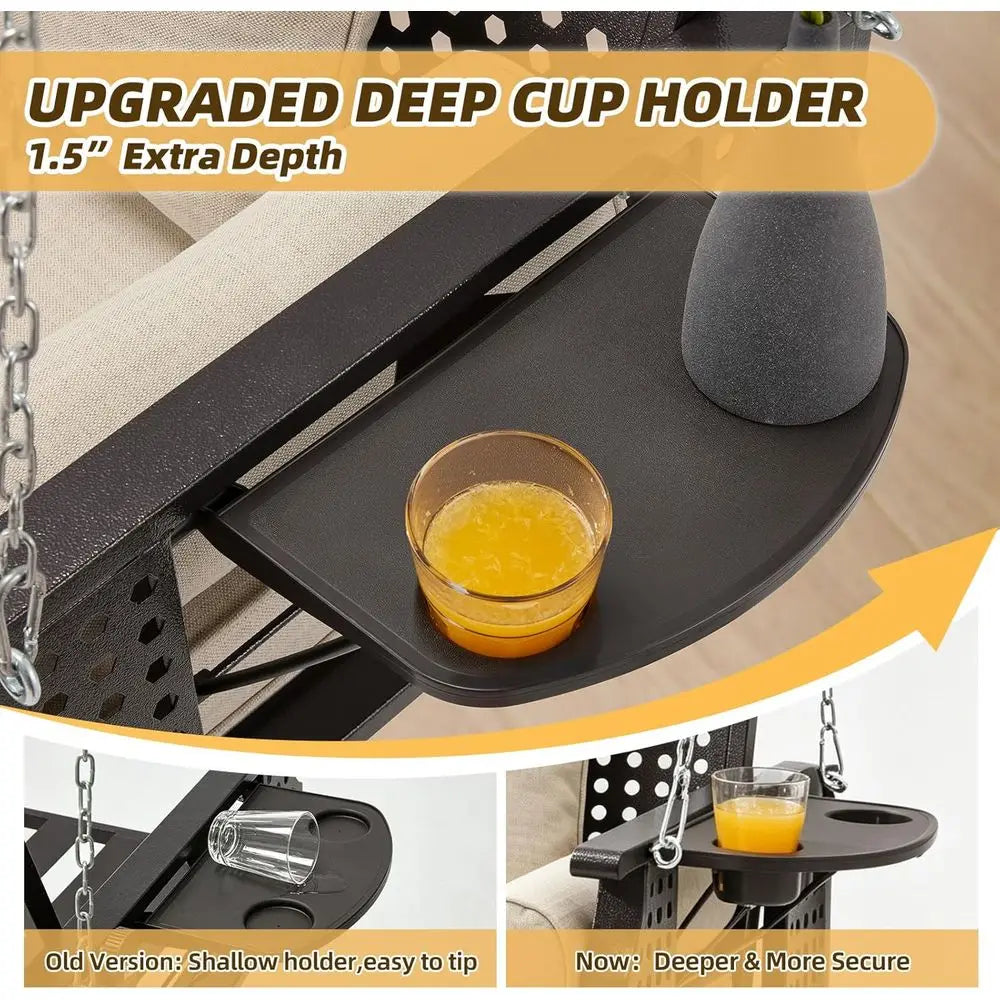 3 Seat Hanging Porch Swing With Cup Holders And Cushions