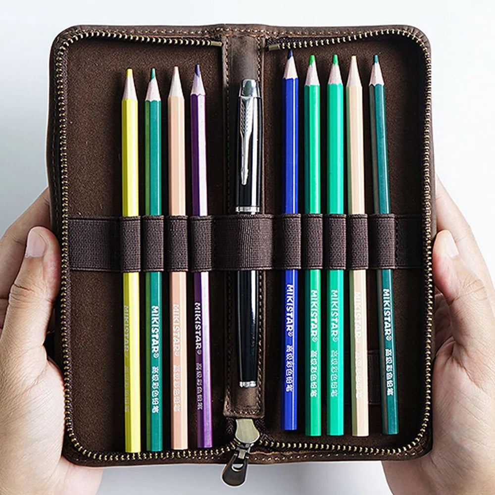Genuine Leather Multi Functional Pencil Case With Pen Holder Zipper