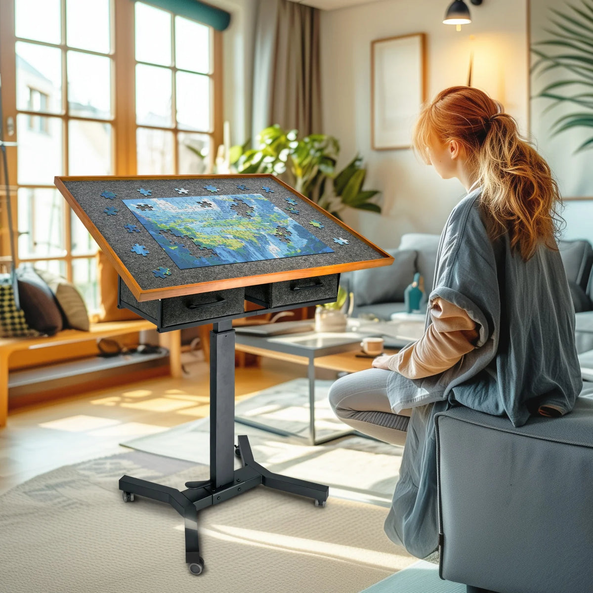 Jigsaw Puzzle Table With Adjustable Tilt, Wheels, Storage Drawers