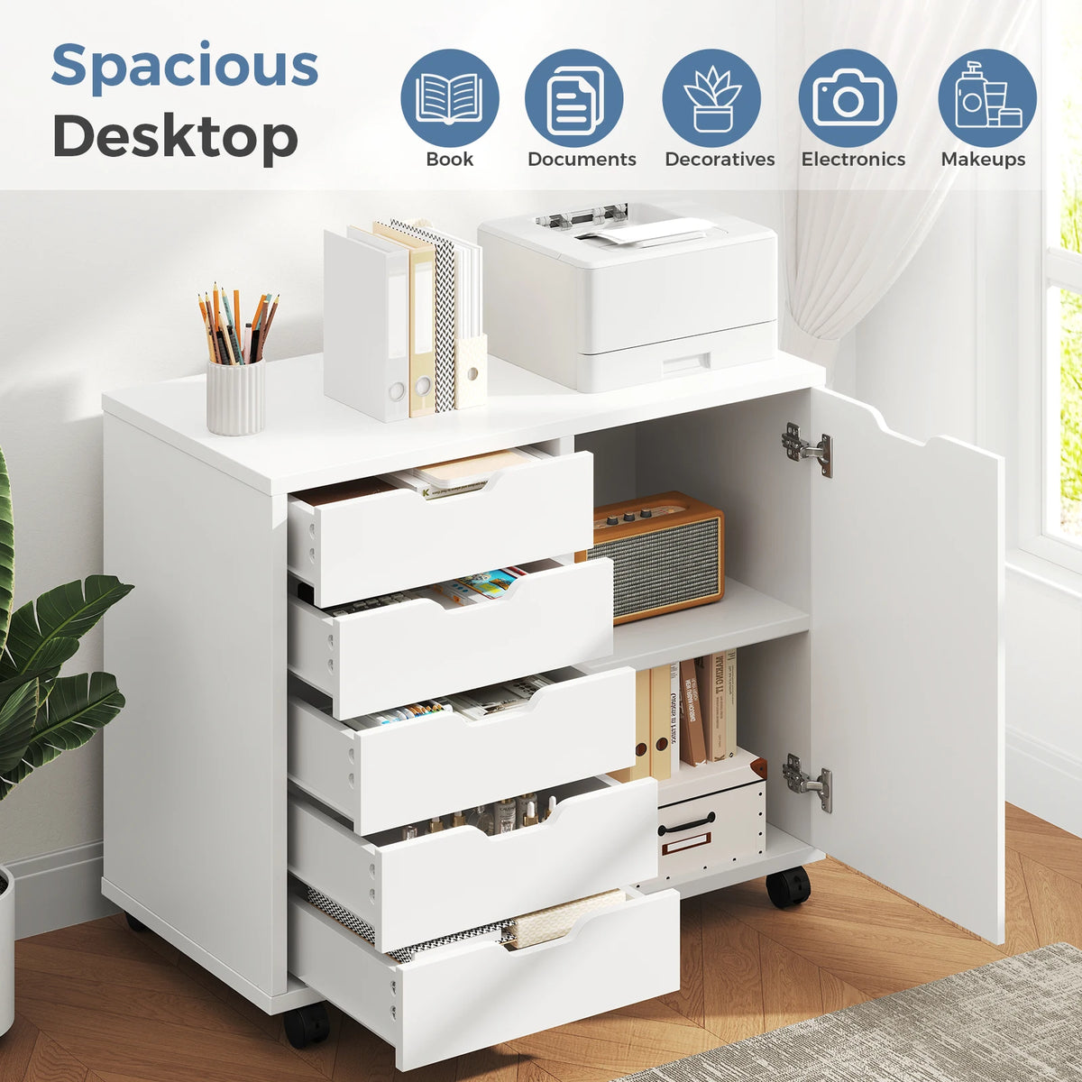 JHK Wood 5-Drawer Rolling File Cabinet With Shelves