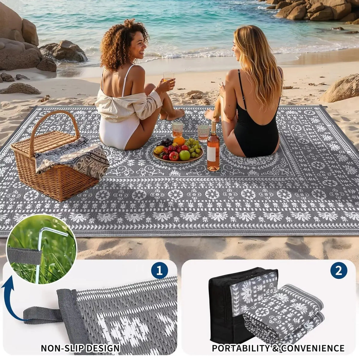 Reversible Outdoor Rug Modern Medallion Waterproof For Patio