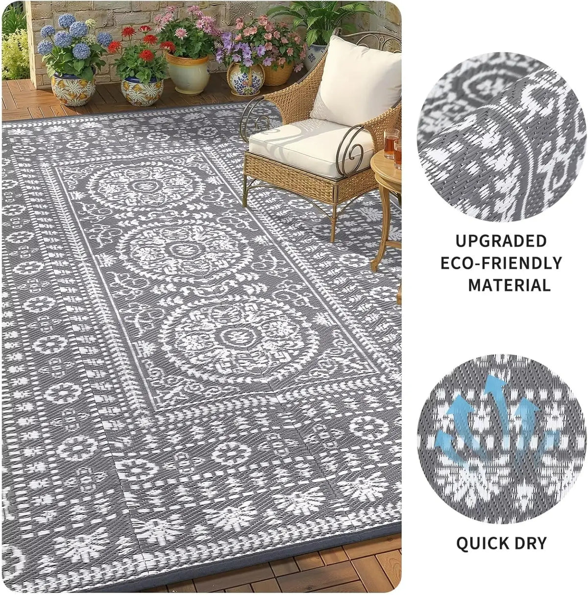 Reversible Outdoor Rug Modern Medallion Waterproof For Patio
