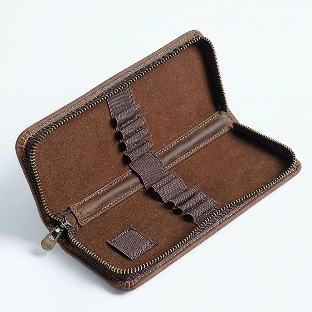 Genuine Leather Multi Functional Pencil Case With Pen Holder Zipper