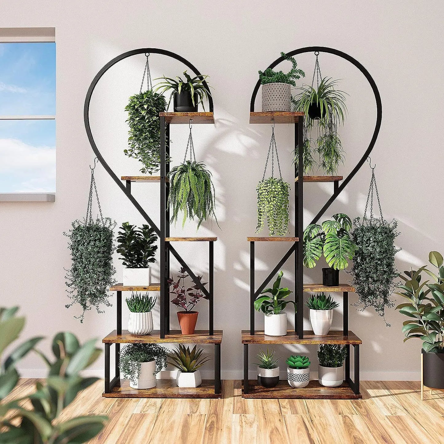 Half Heart Plant Stand Rack With Hooks Metal Flower Shelf