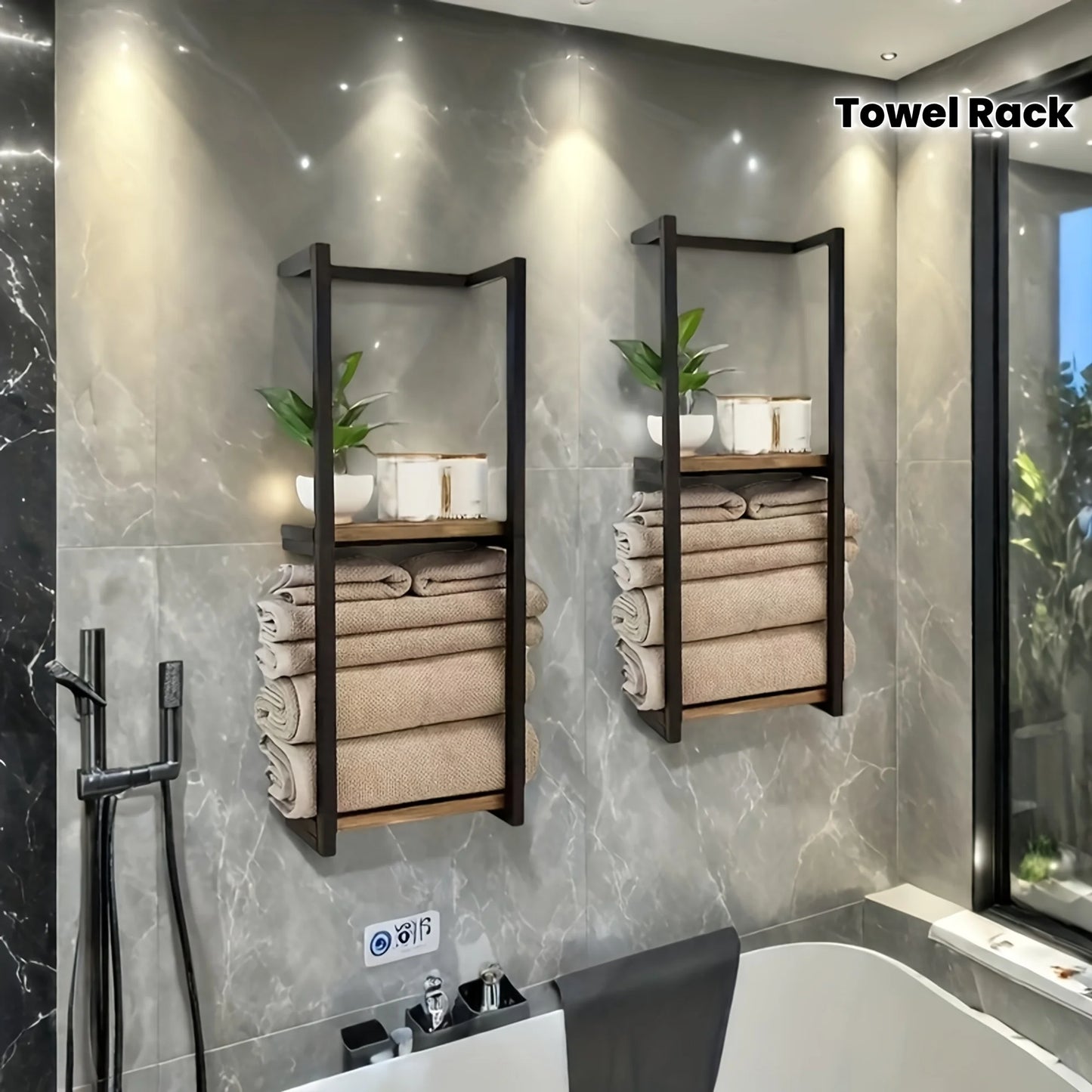 Rustic Wall Mounted Towel Rack With Shelf Carbon Steel