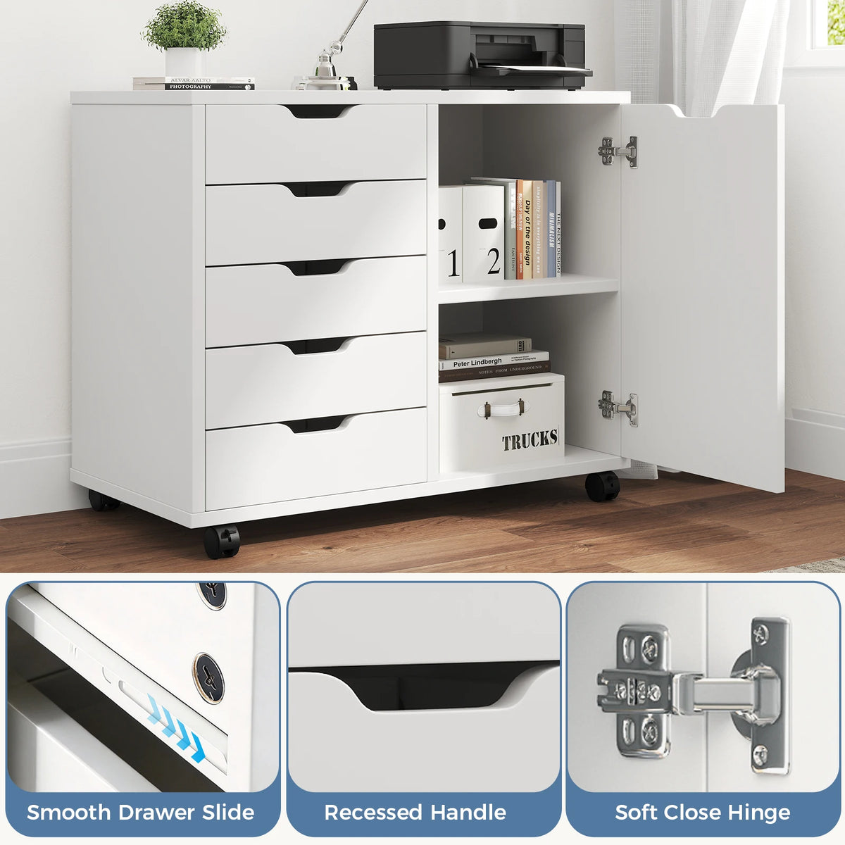 JHK Wood 5-Drawer Rolling File Cabinet With Shelves