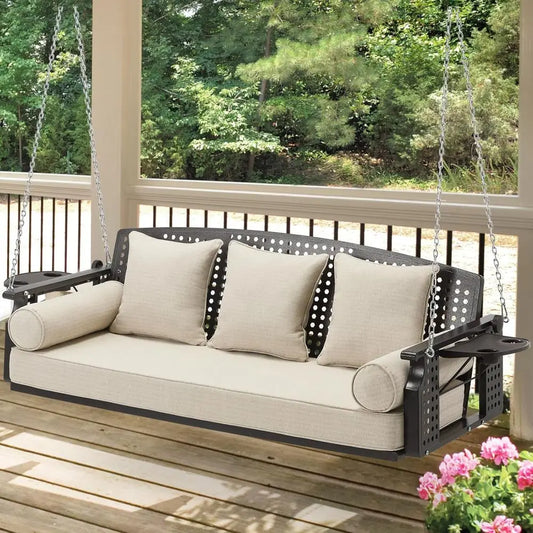 3 Seat Hanging Porch Swing With Cup Holders And Cushions