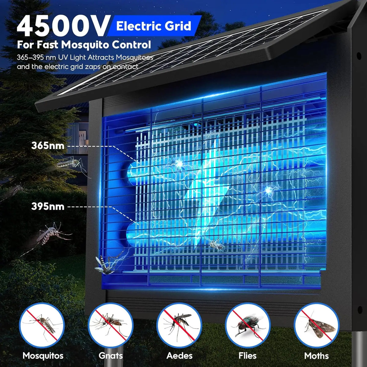 Solar Bug Zapper Outdoor 4500V Mosquito Trap With Solar Panels