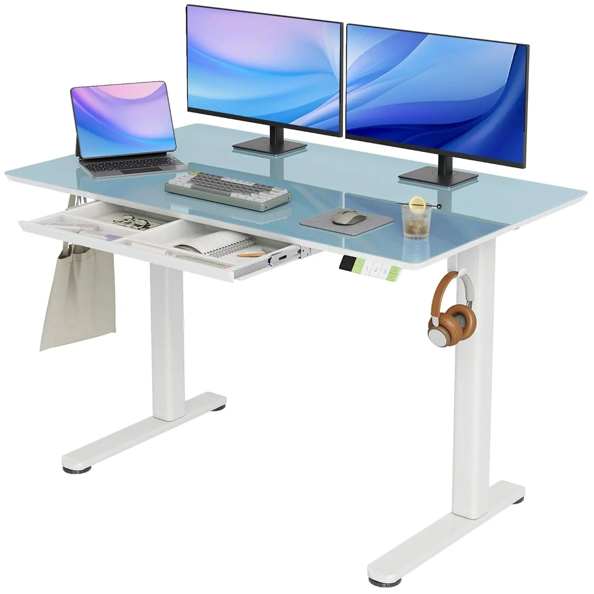 White Glass Standing Desk With Drawers Adjustable Sit Stand