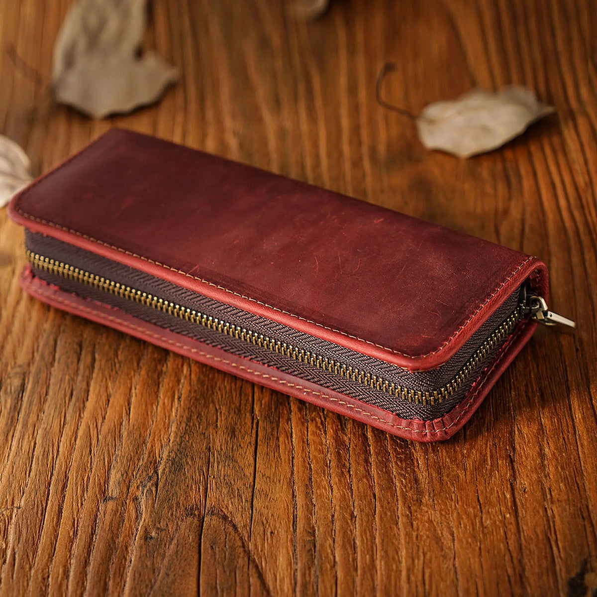 Genuine Leather Multi Functional Pencil Case With Pen Holder Zipper