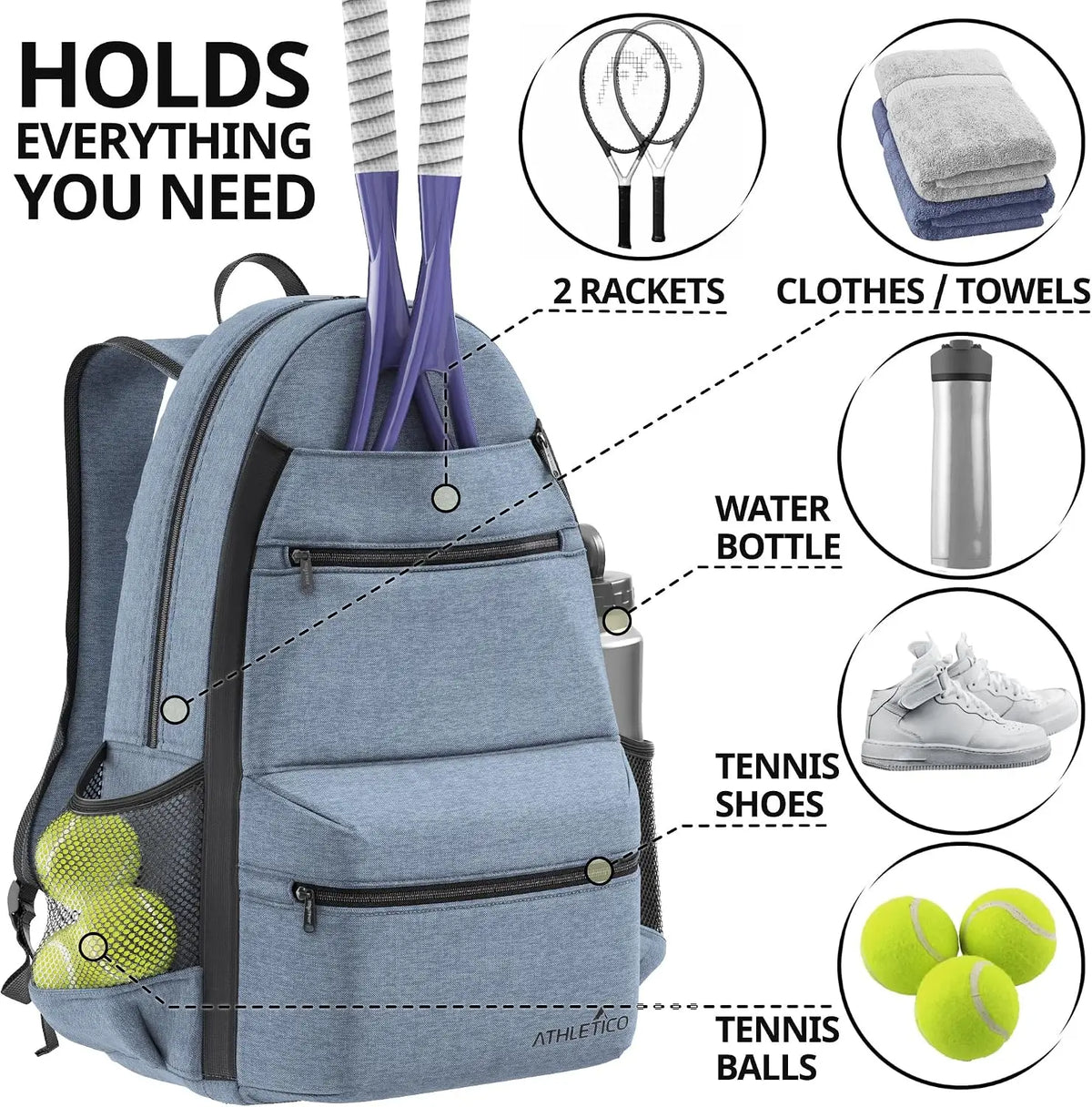 Tennis Racket Bag for Two Rackets, Padded Backpack With Shoe Compartment