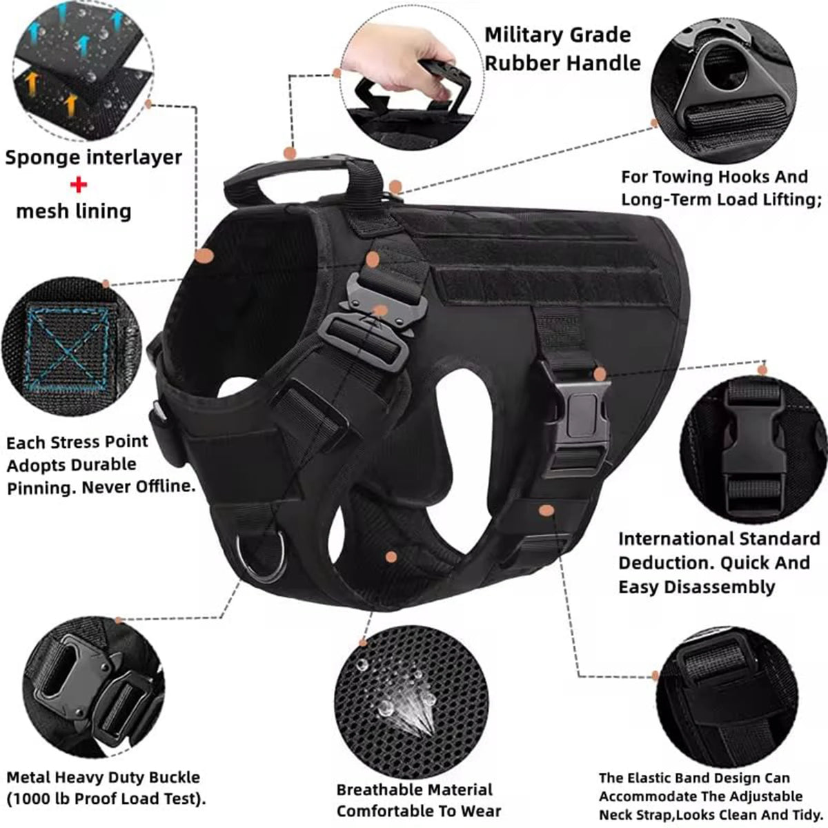 Tactical Dog Harness With Molle Pouches For Large Dogs
