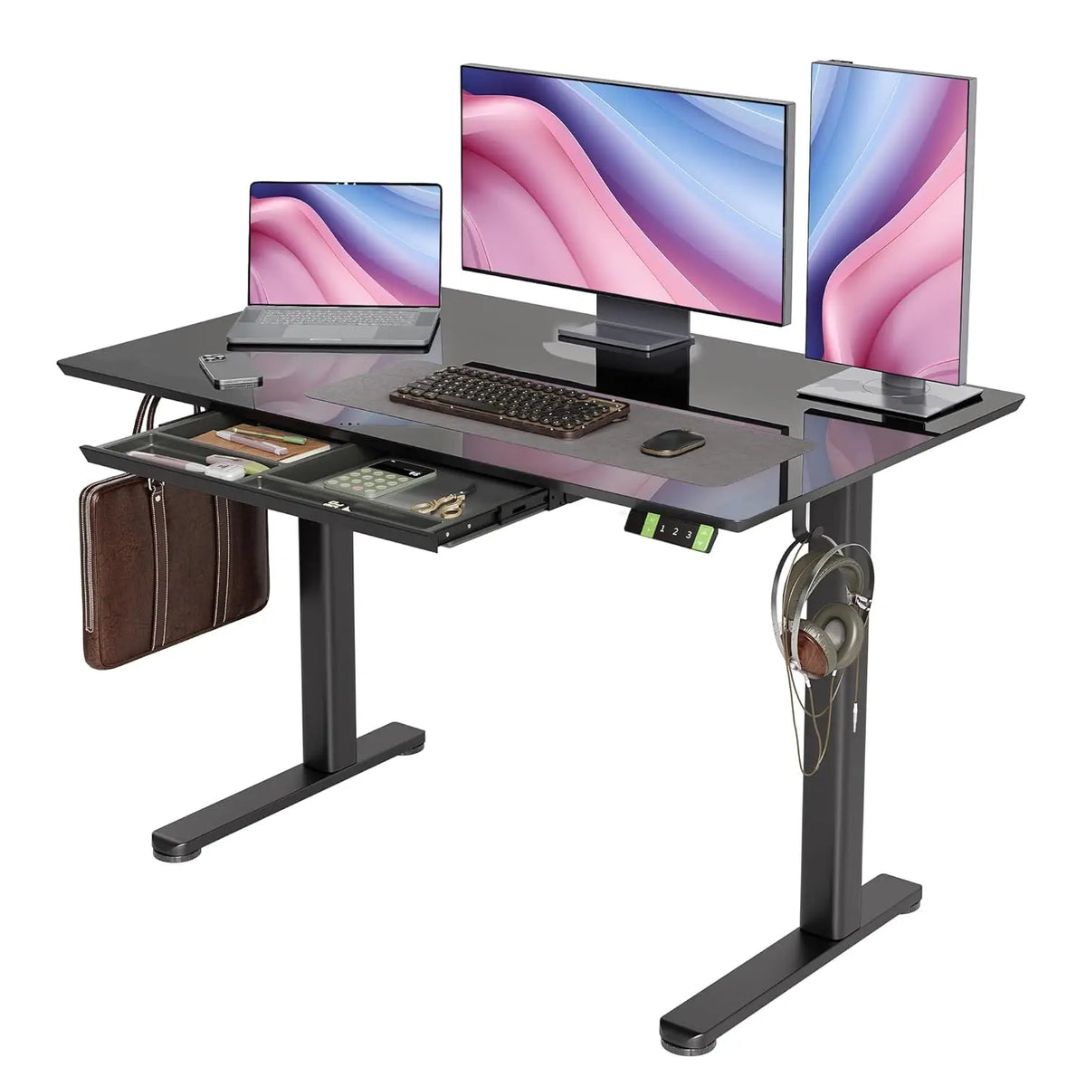 White Glass Standing Desk With Drawers Adjustable Sit Stand