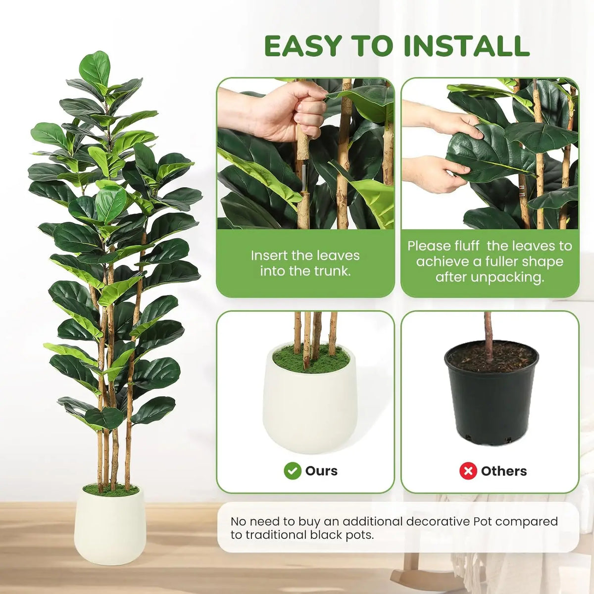 HiMISS Fiddle Leaf Fig Tree With Pot Artificial Floor Plant For Home