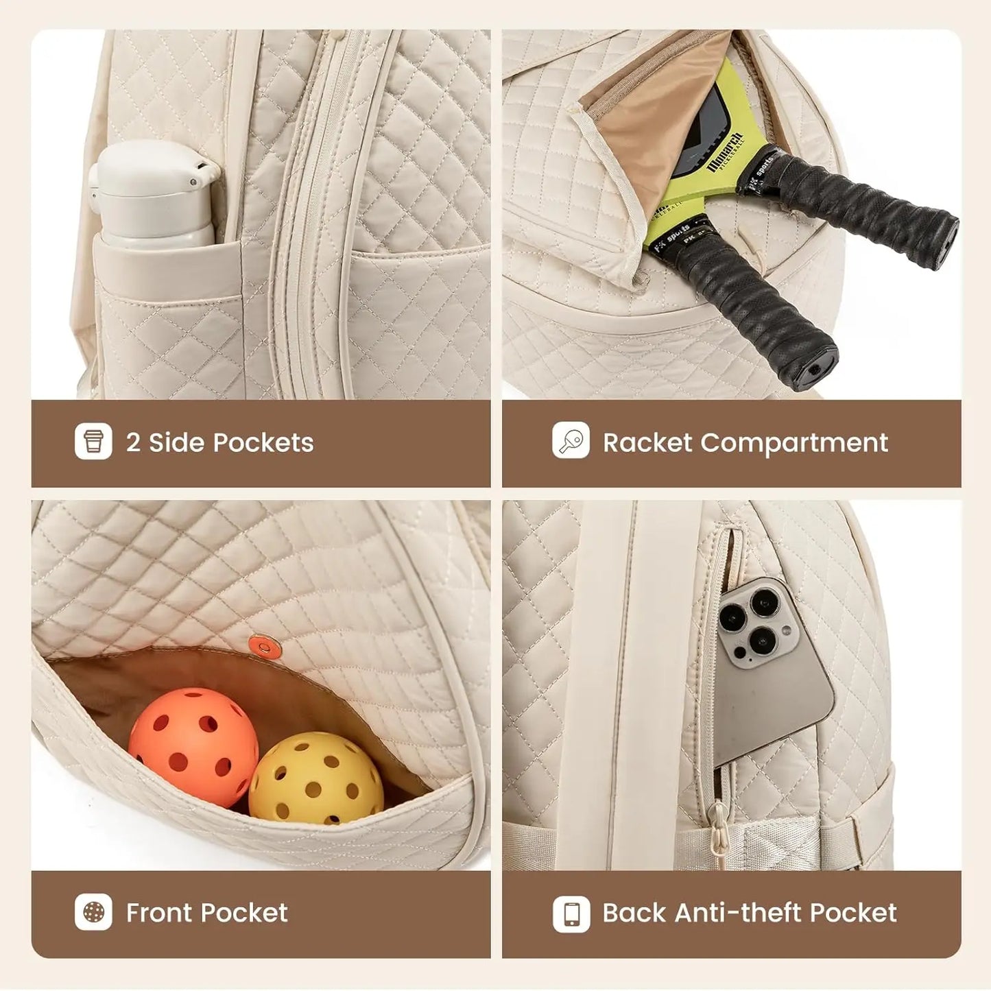 Quilted Tennis Racket Backpack For Women With Separate Compartment
