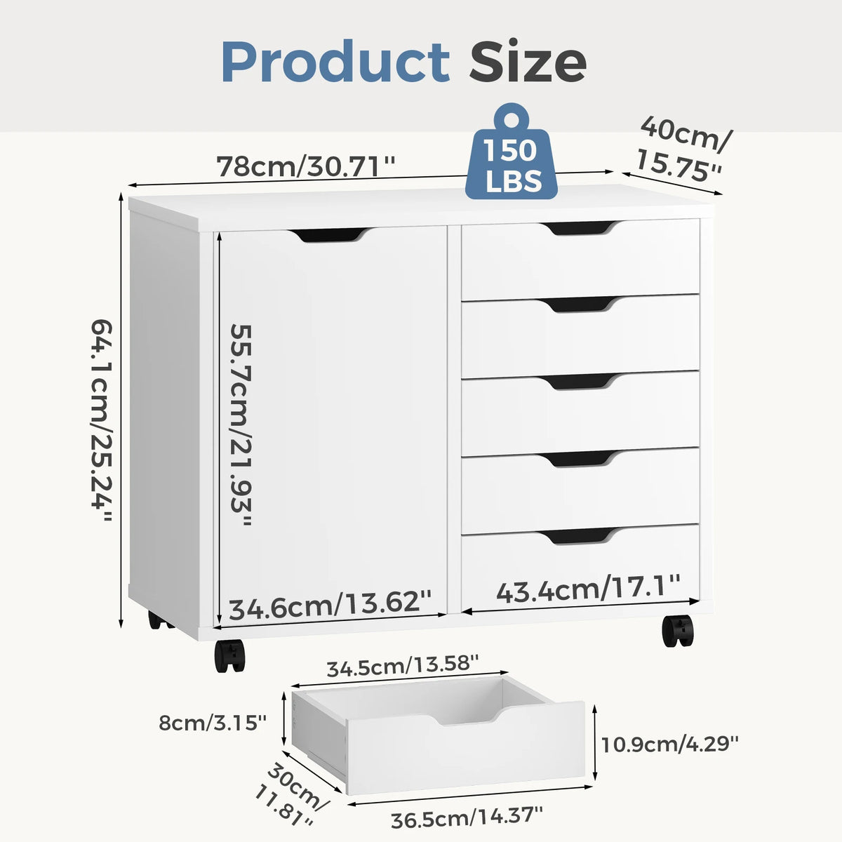 JHK Wood 5-Drawer Rolling File Cabinet With Shelves