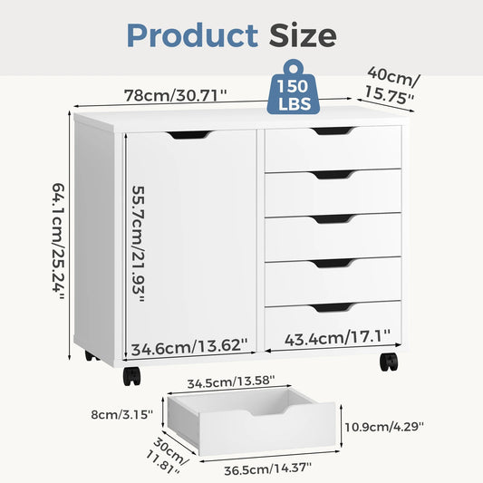 JHK Wood 5-Drawer Rolling File Cabinet With Shelves