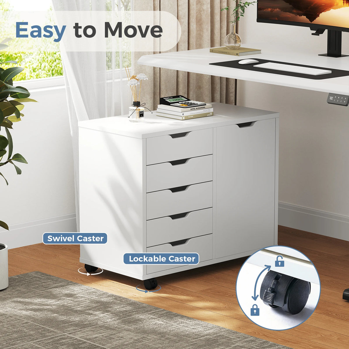 JHK Wood 5-Drawer Rolling File Cabinet With Shelves