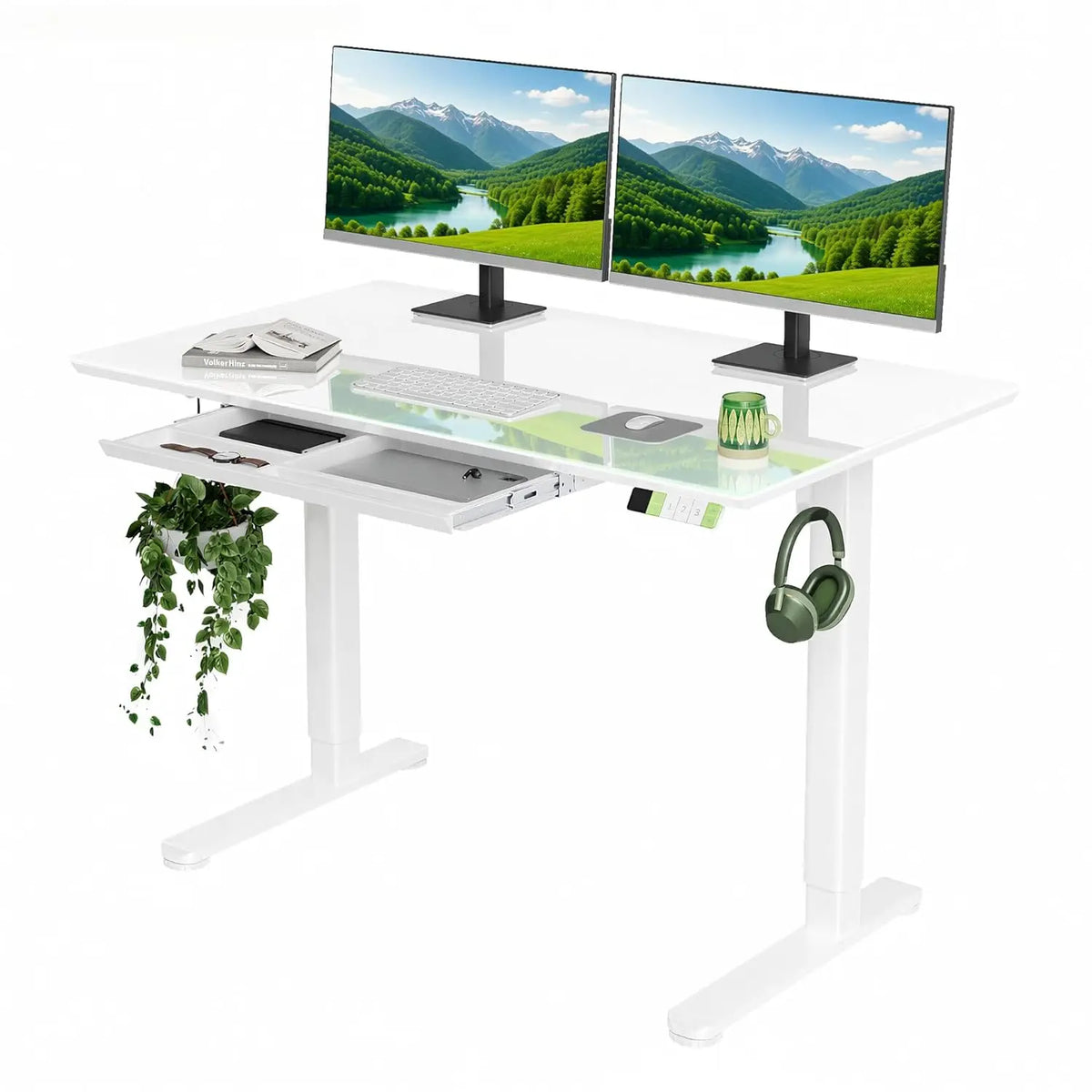 White Glass Standing Desk With Drawers Adjustable Sit Stand