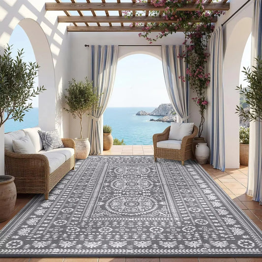 Reversible Outdoor Rug Modern Medallion Waterproof For Patio