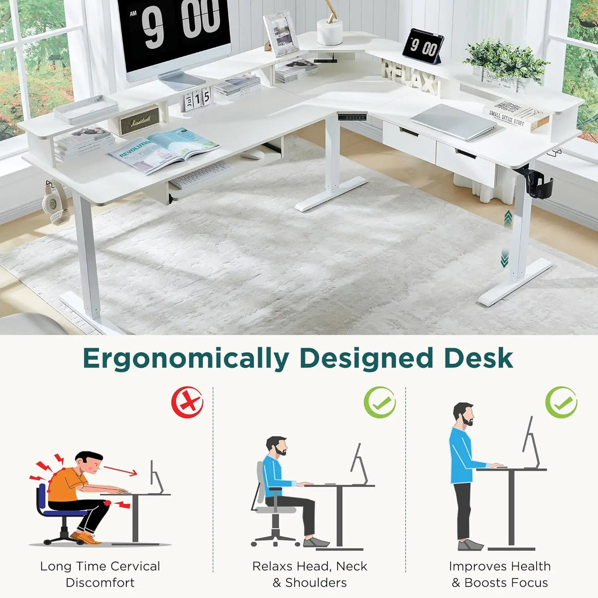 L Shaped Electric Standing Desk Height Adjustable With Drawers And Keyboard Tray