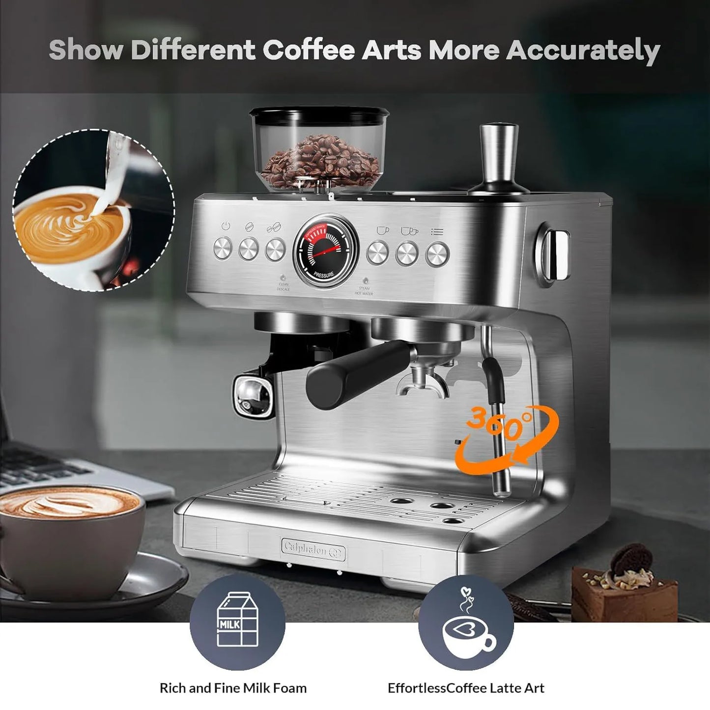 Acekool Espresso Machine With Grinder, 20 Bar, PID Control
