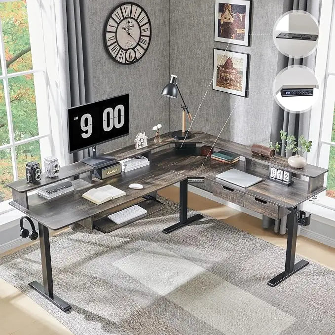 L Shaped Electric Standing Desk Height Adjustable With Drawers And Keyboard Tray