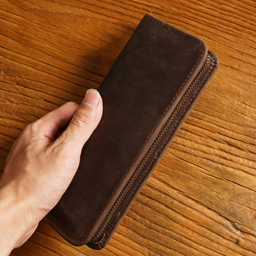 Genuine Leather Multi Functional Pencil Case With Pen Holder Zipper