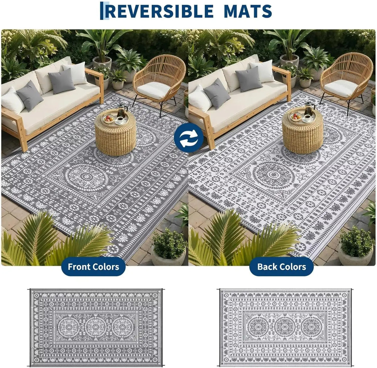 Reversible Outdoor Rug Modern Medallion Waterproof For Patio