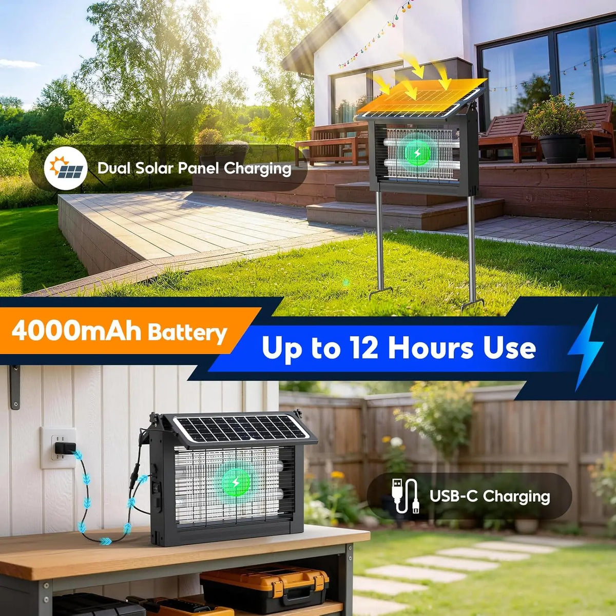 Solar Bug Zapper Outdoor 4500V Mosquito Trap With Solar Panels