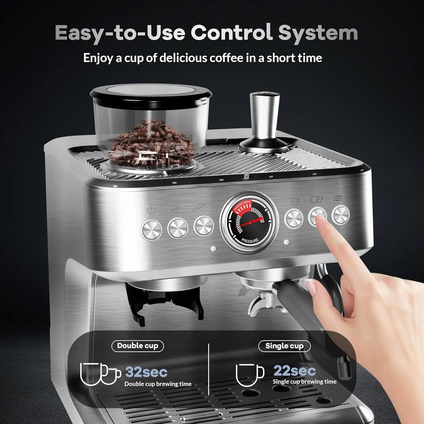 Acekool Espresso Machine With Grinder, 20 Bar, PID Control